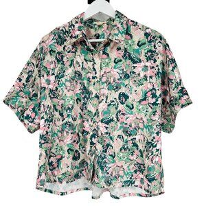 The Korner Button Up High Low Shirt Size M Floral Satin Cropped Boxy S/S NWT